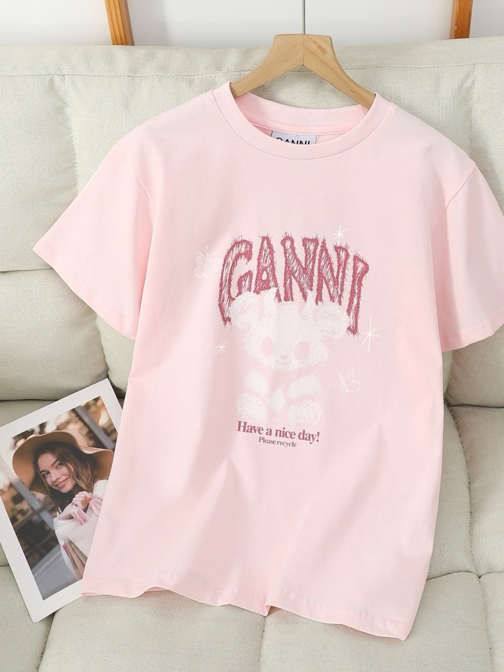 Ganni Pale Pink Graphic Tee with Teddy and Slogan
